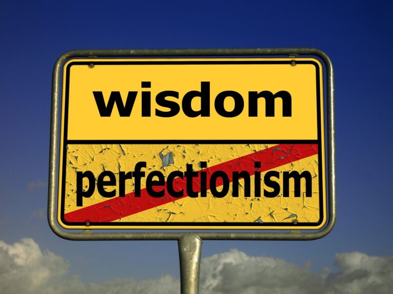 Yellow roadsign with a red line through perfectionism and the top showing wisdom